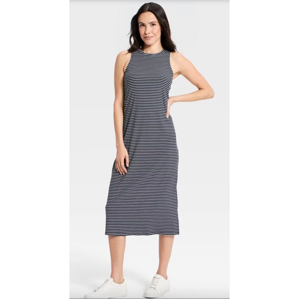 All in Motion Navy Blue White Striped Ribbed Midi Dress Sleeveless Racerback S
